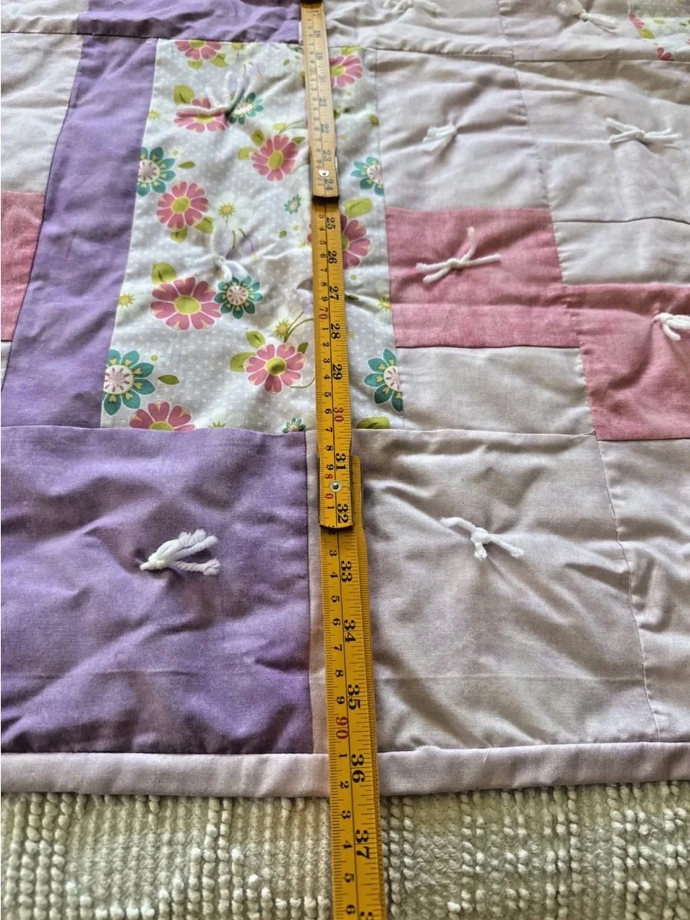 Floral Patchwork Baby Quilt in Pink & Purple 36” Square Handmade